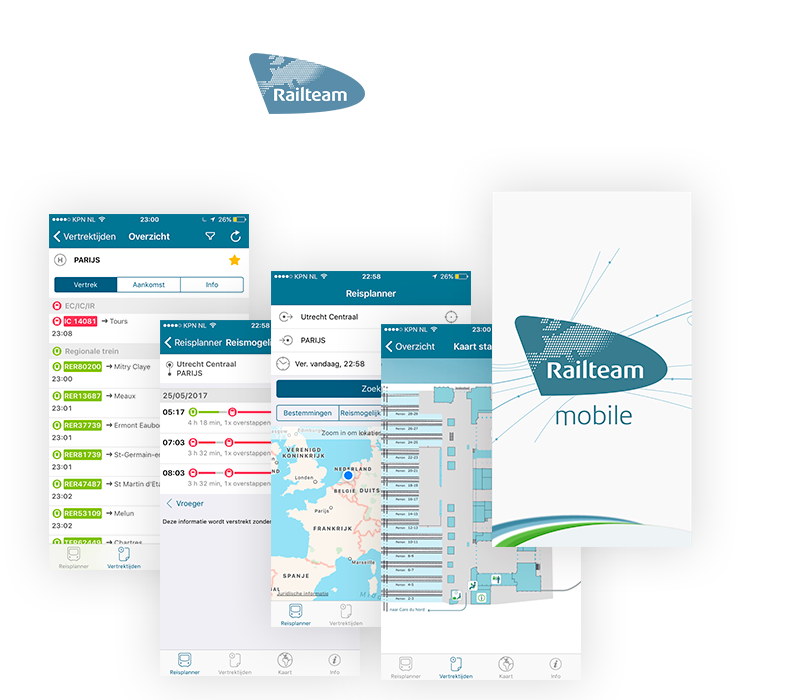Railteam mobile app schermen